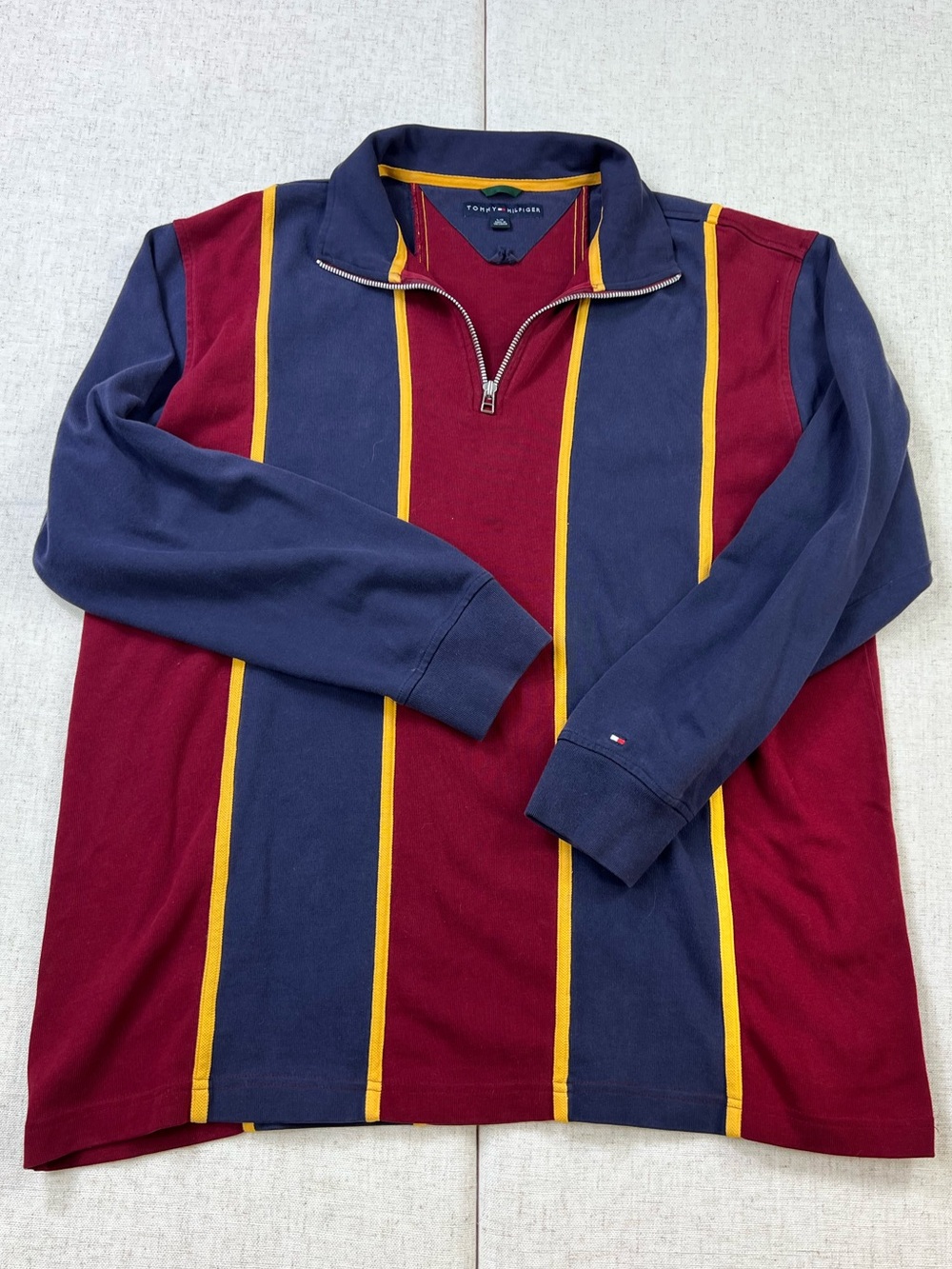 Vintage Tommy Hilfiger Navy Burgundy Striped Quarter Zip Rugby Polo Mens L